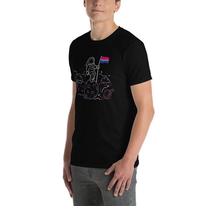 bisexual shirt, astronaut planting bi pride flag on moon, white model