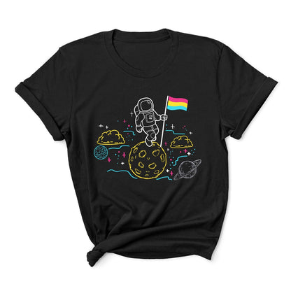 pansexual shirt, astronaut planting pan pride flag on moon, main