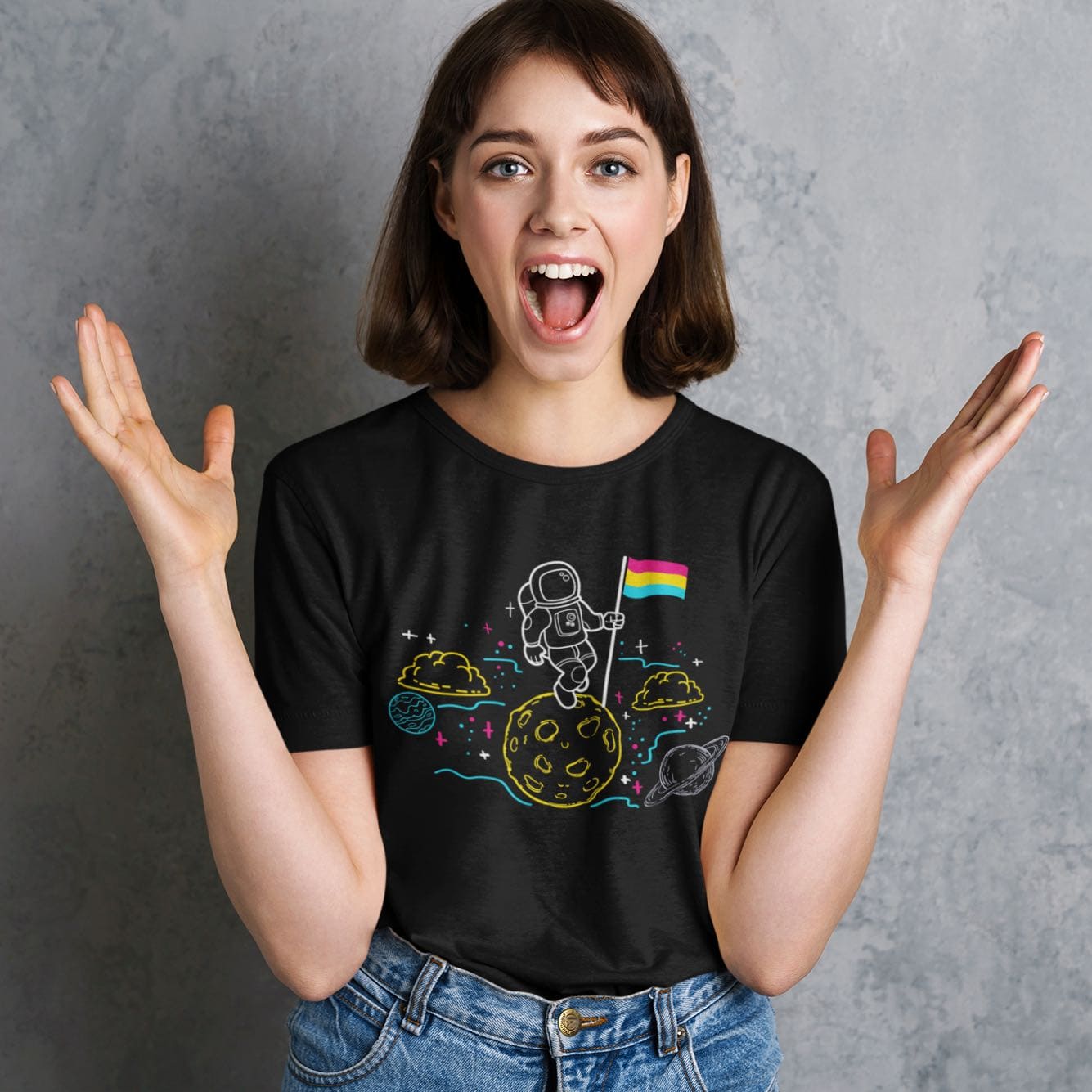 pansexual shirt, astronaut planting pan pride flag on moon, in use