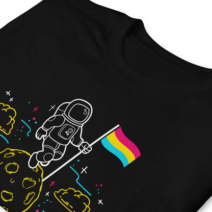 pansexual shirt, astronaut planting pan pride flag on moon, zoom