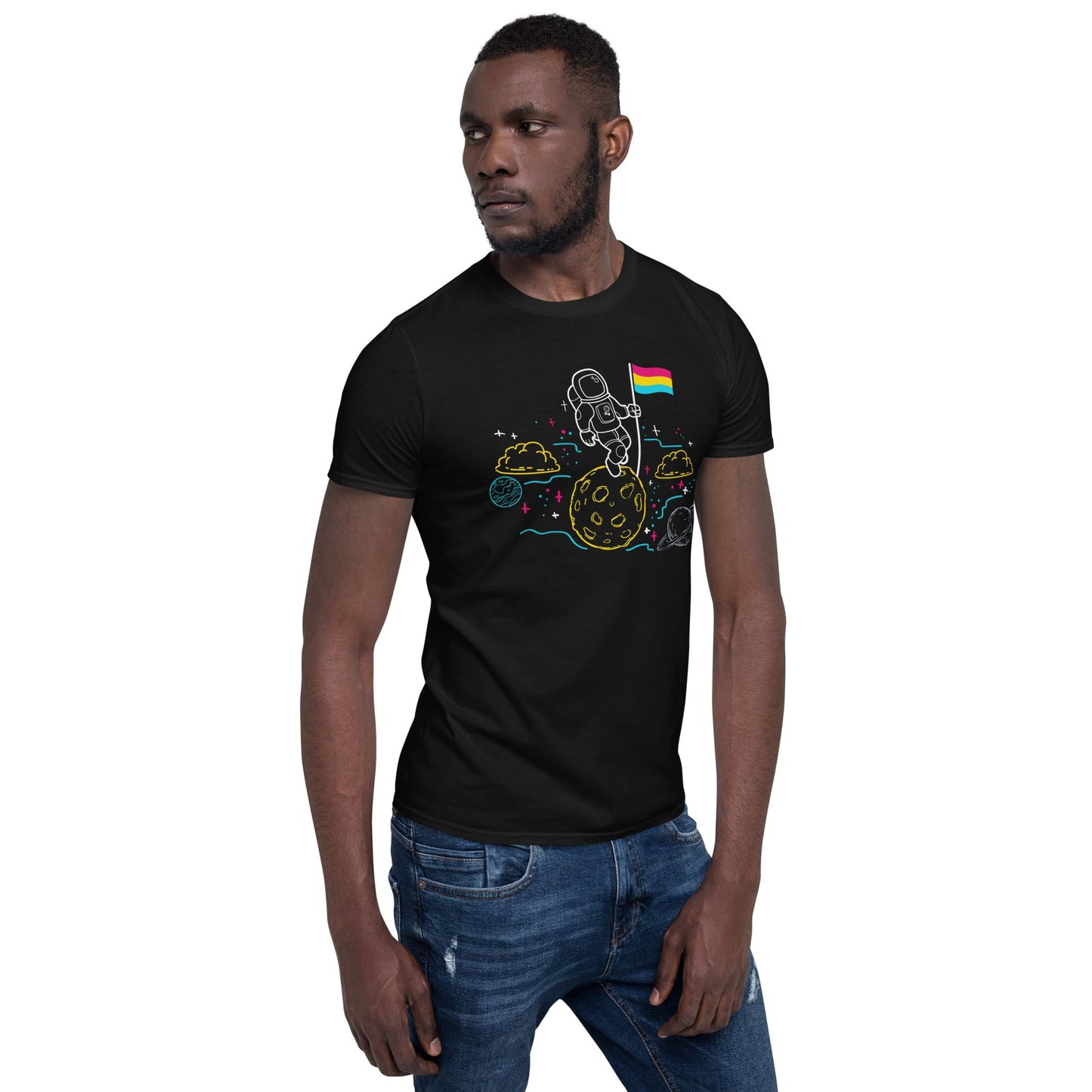 pansexual shirt, astronaut planting pan pride flag on moon, black model