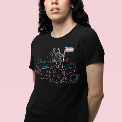 transgender shirt, astronaut planting trans pride flag on moon, in use