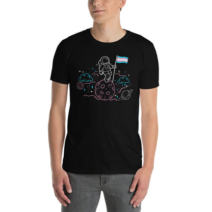 transgender shirt, astronaut planting trans pride flag on moon, male model