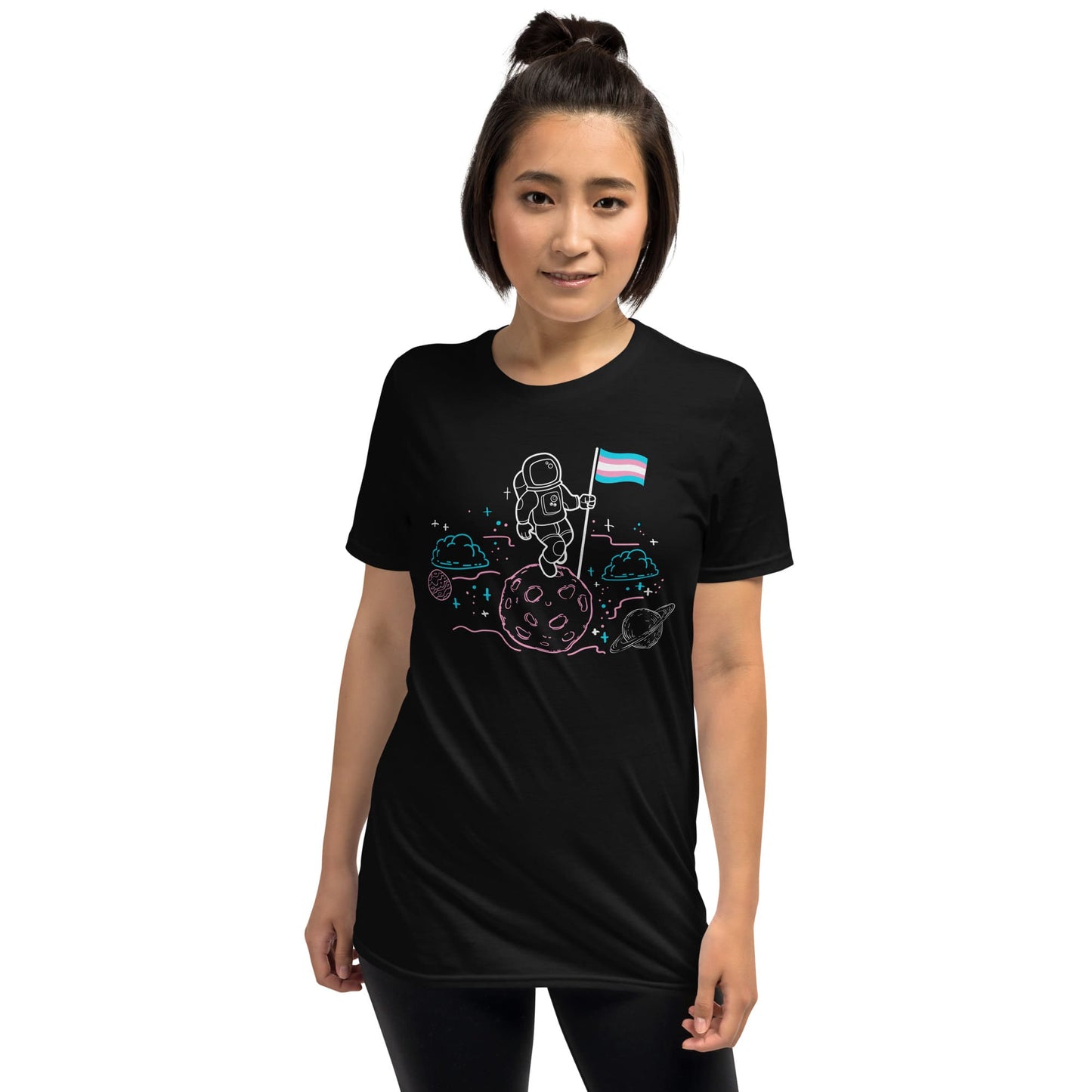 transgender shirt, astronaut planting trans pride flag on moon, female model