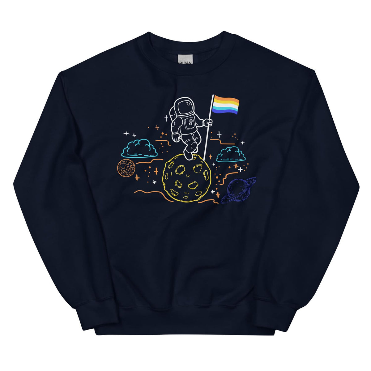 Navy sweatshirt with space-themed design featuring an astronaut on the moon and an aroace flag.