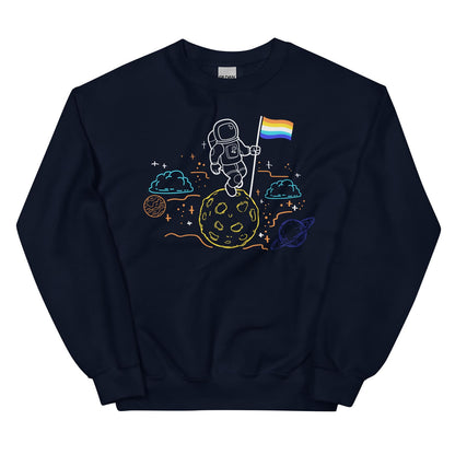 Navy sweatshirt with space-themed design featuring an astronaut on the moon and an aroace flag.