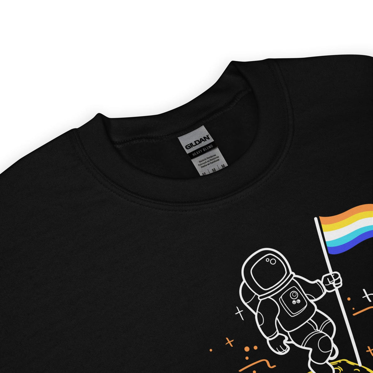 Zoon on aroace sweatshirt with an astronaut holding an aro ace flag design on a white background