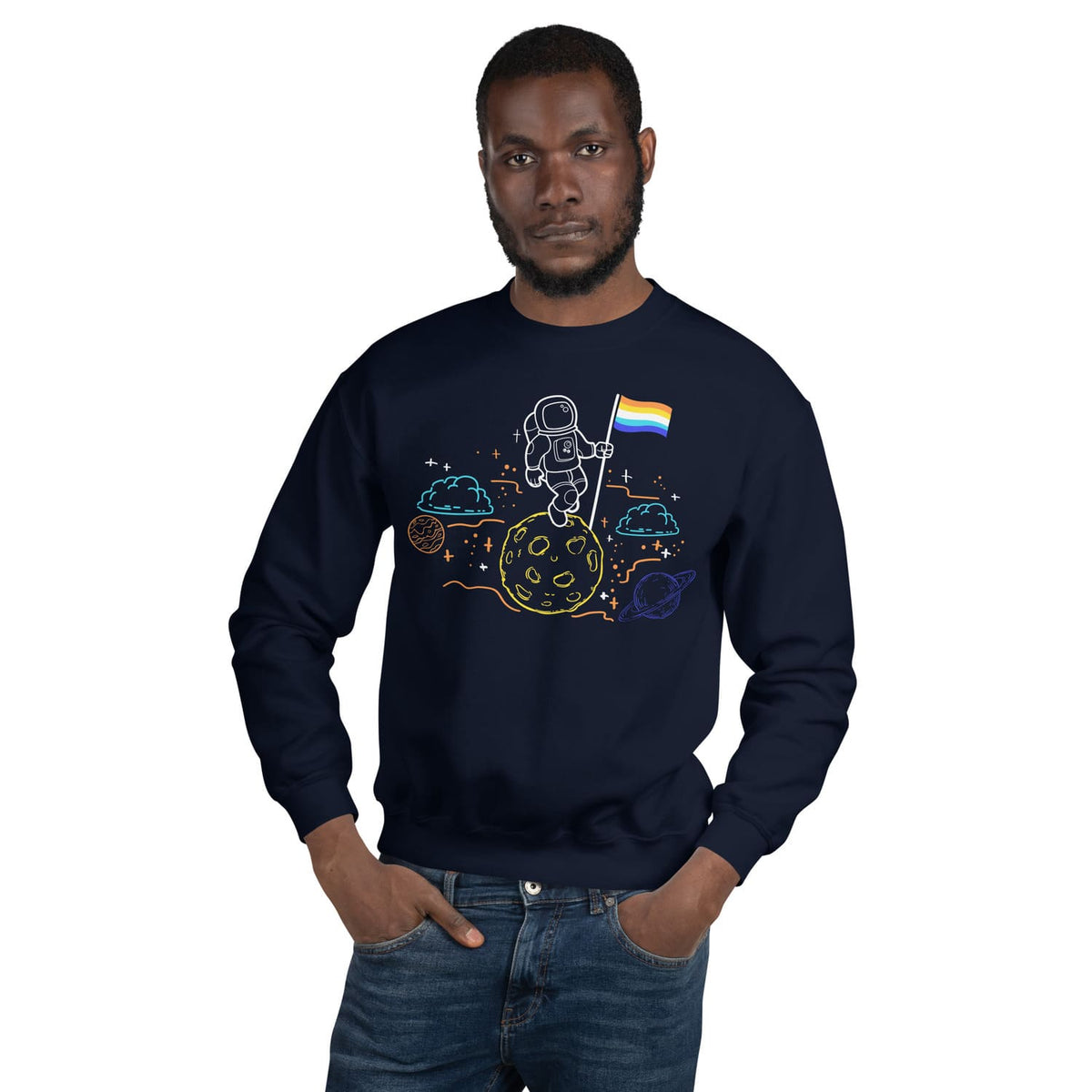 Man wearing a navy blue aroace sweatshirt with an astronaut design on a white background