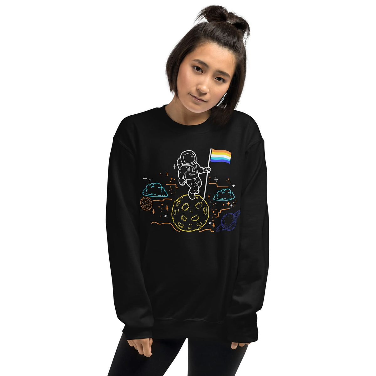 Person wearing a black aroace sweatshirt with a colorful graphic design on a white background