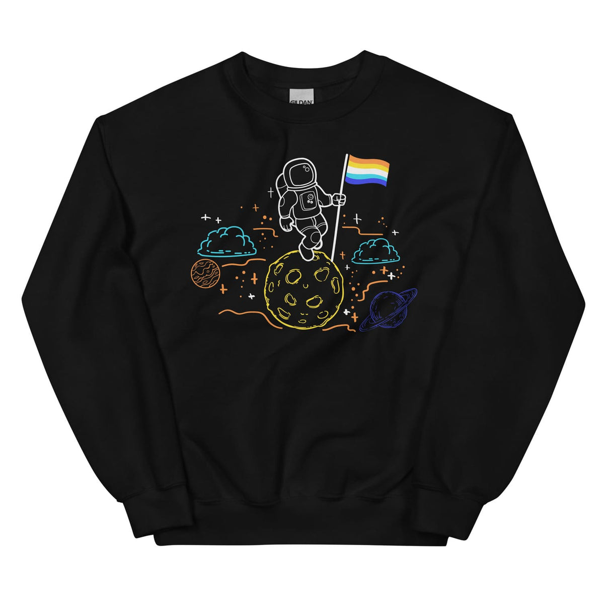 Black sweatshirt with an astronaut and aroace flag design on a white background
