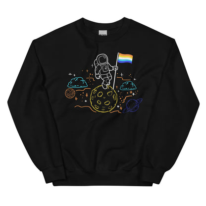 Black sweatshirt with an astronaut and aroace flag design on a white background