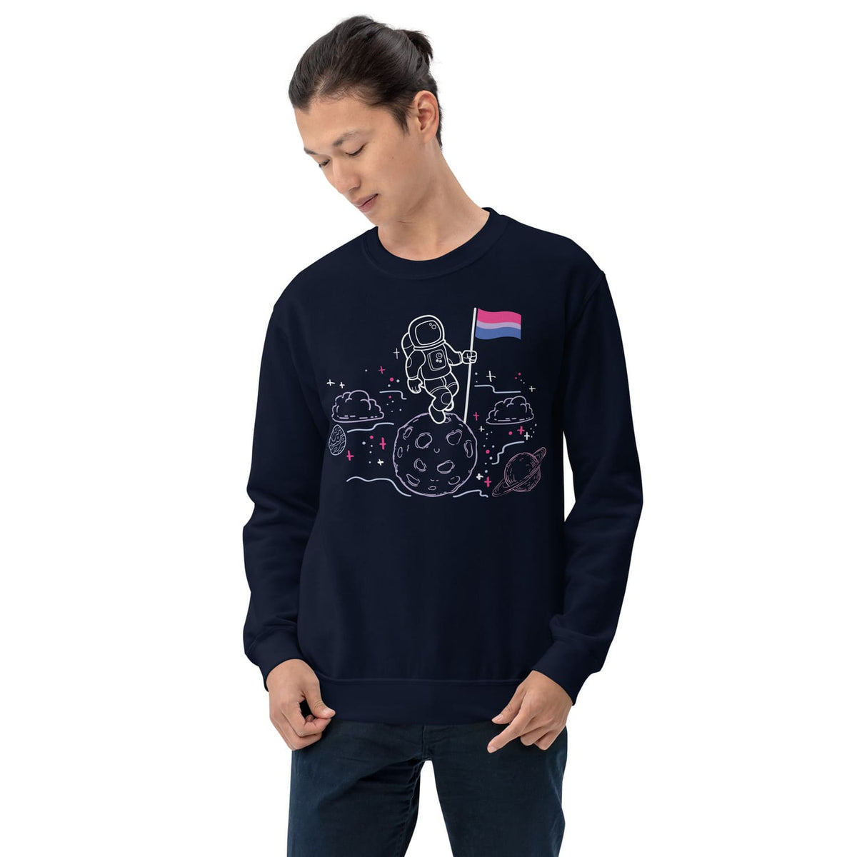 man wearing subtle bisexual sweatshirt