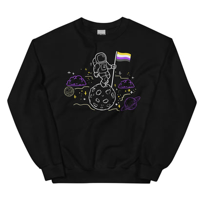 Black sweatshirt with space-themed design featuring an astronaut and a nonbinary flag on a white background