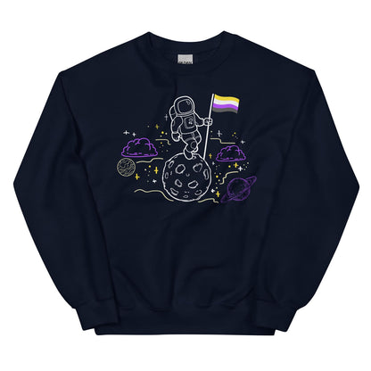 Black sweatshirt with space-themed design featuring an astronaut, planets, and a nonbinary flag on a white background