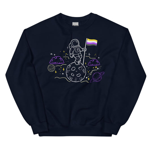 Black sweatshirt with space-themed design featuring an astronaut, planets, and a nonbinary flag on a white background