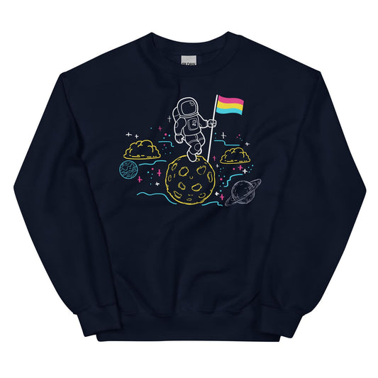 pansexual sweatshirt with space-themed design featuring an astronaut and a rainbow flag on a white background