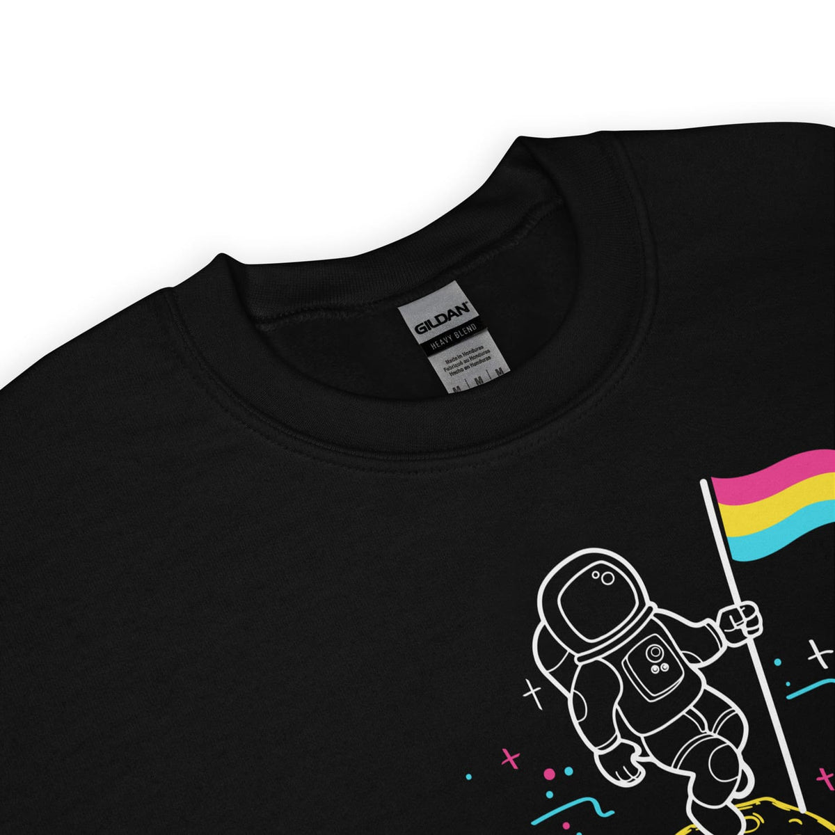 Detail of pansexual sweatshirt with an astronaut design and a pan flag, featuring Gildan label.
