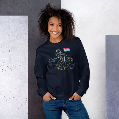 Woman wearing a navy blue sweatshirt with a subtle pansexual pride design against a gray and white background