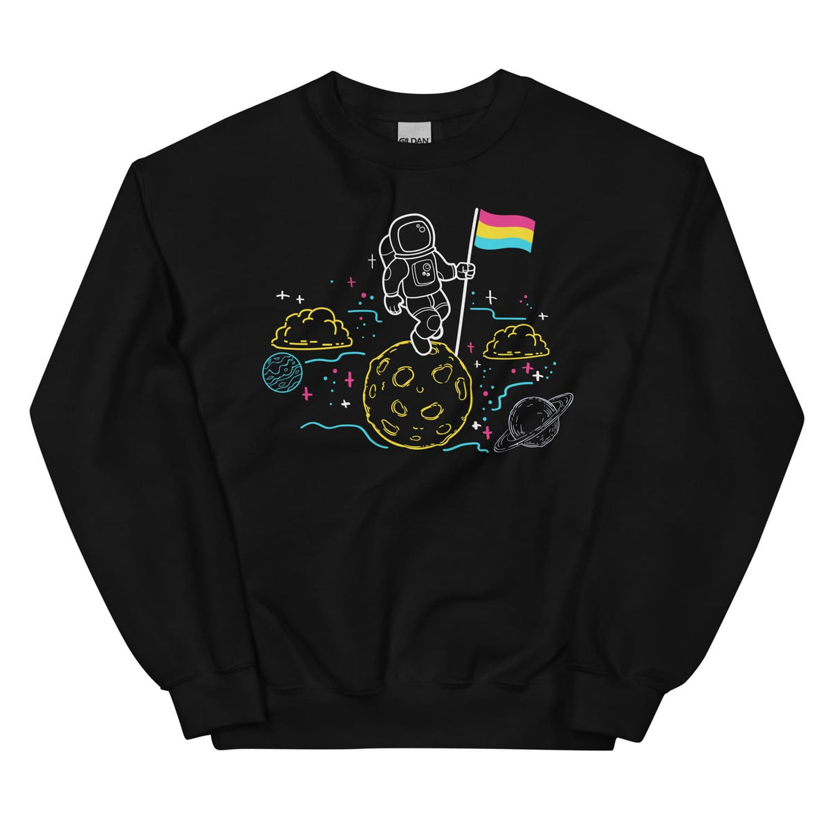 Black sweatshirt with space-themed pansexual design featuring an astronaut, moon, and pan flag on a white background.