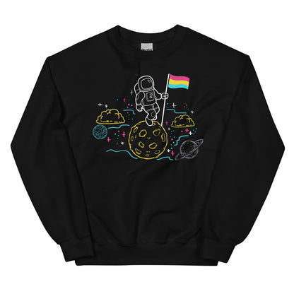 Black sweatshirt with space-themed pansexual design featuring an astronaut, moon, and pan flag on a white background.
