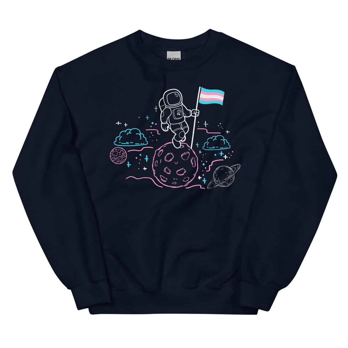 Navy sweatshirt with space-themed transgender design featuring an astronaut and a trans flag on a white background