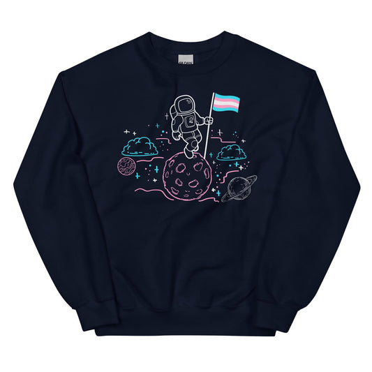 Navy sweatshirt with space-themed transgender design featuring an astronaut and a trans flag on a white background