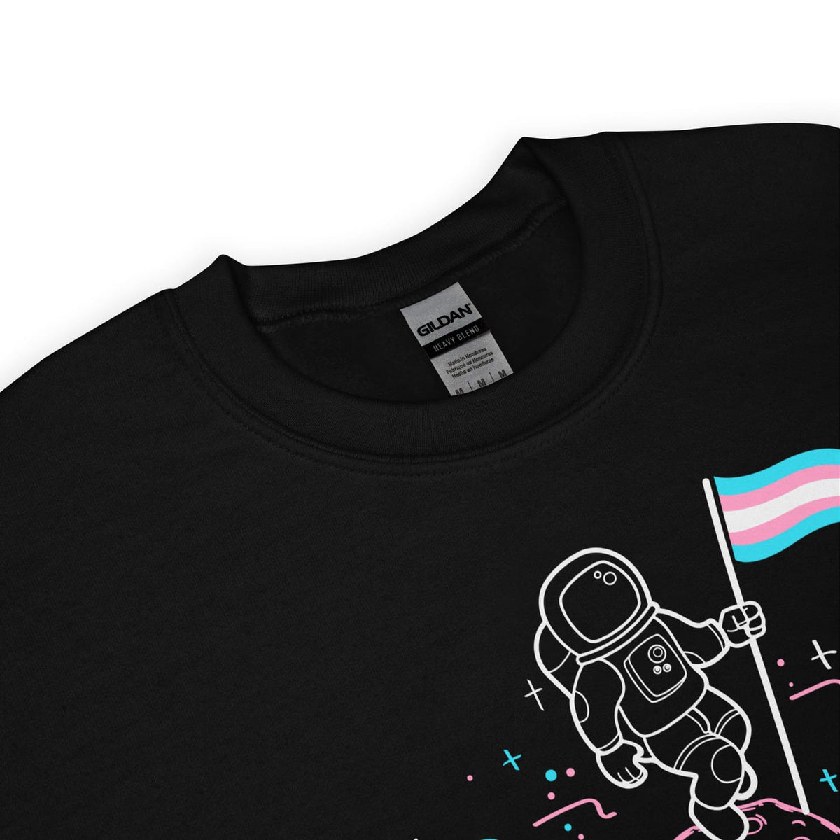 Black sweatshirt with an astronaut holding a Trans Pride flag design on a white background