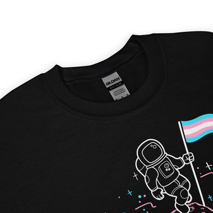 Black sweatshirt with an astronaut holding a Trans Pride flag design on a white background