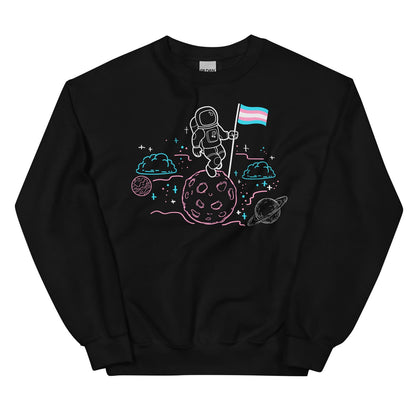 Black sweatshirt with space-themed design featuring an astronaut, transgender flag, and planets on a white background.