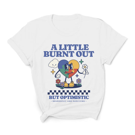 White t-shirt with colorful graphic and text on a white background: Retro Autism Shirt, Neurodivergent Affirming Tee, ADHD AuDHD Burnout TShirt, Motivational Shirt For Neurospicy, Positivity Gift For Autistic