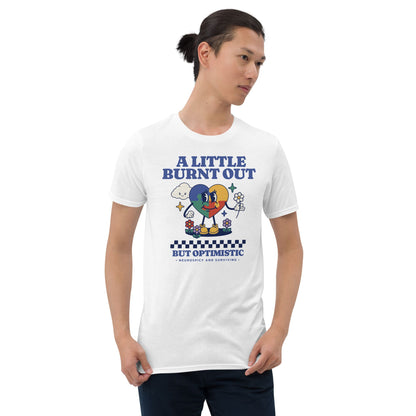 Person wearing a white t-shirt with colorful graphic and text on a white background: Retro Autism Shirt, Neurodivergent Affirming Tee, ADHD AuDHD Burnout TShirt, Motivational Shirt For Neurospicy, Positivity Gift For Autistic