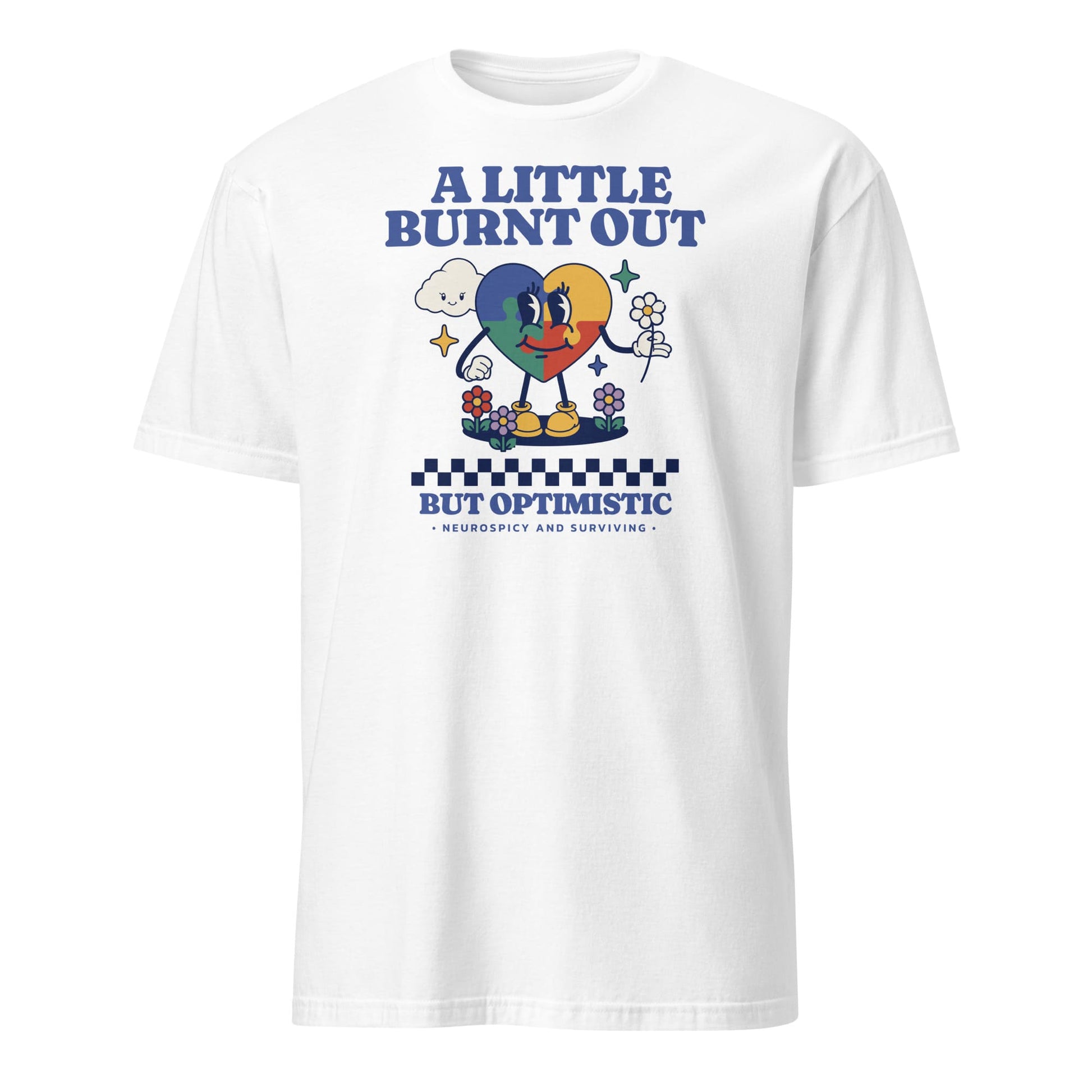 White t-shirt with colorful graphic and text on a white background: Retro Autism Shirt, Neurodivergent Affirming Tee, ADHD AuDHD Burnout TShirt, Motivational Shirt For Neurospicy, Positivity Gift For Autistic