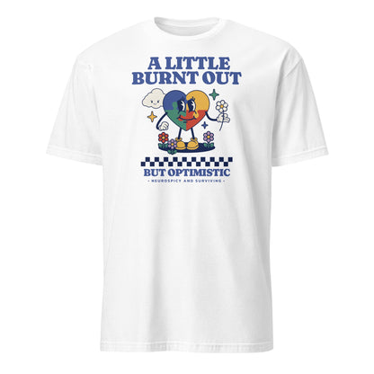 White t-shirt with colorful graphic and text on a white background: Retro Autism Shirt, Neurodivergent Affirming Tee, ADHD AuDHD Burnout TShirt, Motivational Shirt For Neurospicy, Positivity Gift For Autistic