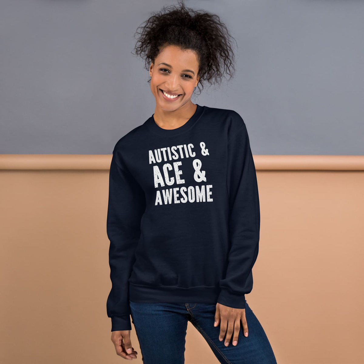 woman wearing Autistic asexual sweatshirt, navy
