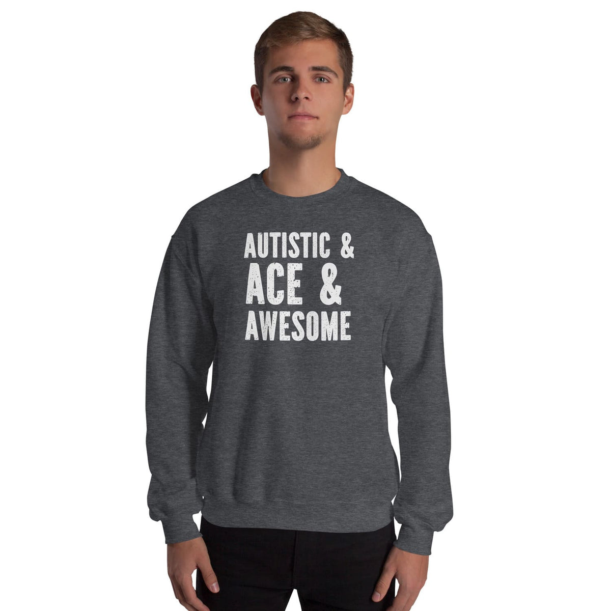 man wearing Autistic asexual sweatshirt, grey