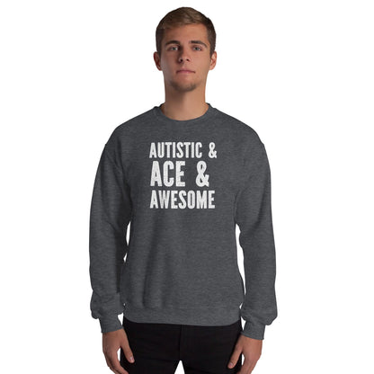 man wearing Autistic asexual sweatshirt, grey