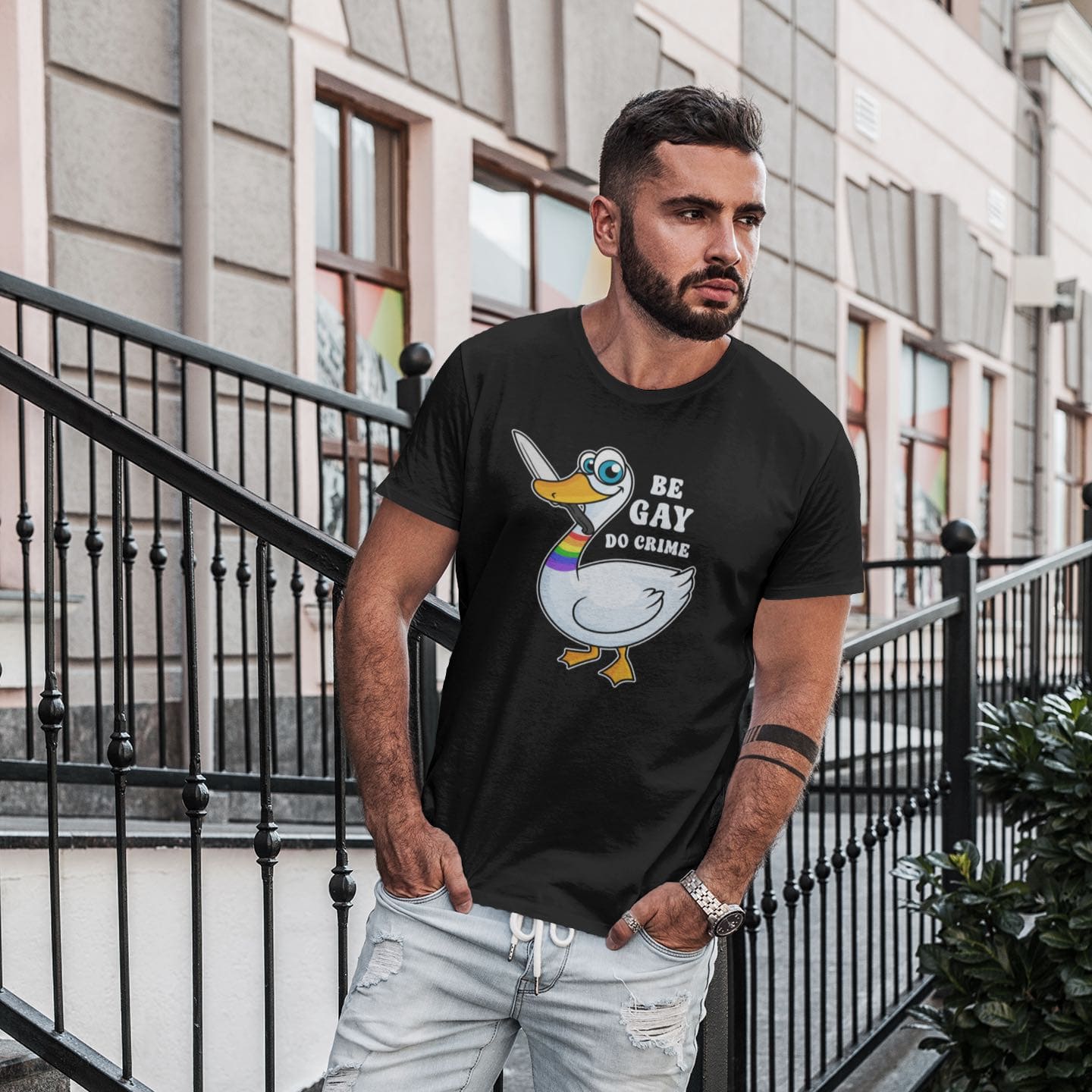 LGBT shirt, funny goose be gay do crime, in use