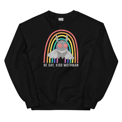 Black sweatshirt with a graphic design of Mothman under a rainbow and text 'Be Gay, Kiss Mothman' on a white background.