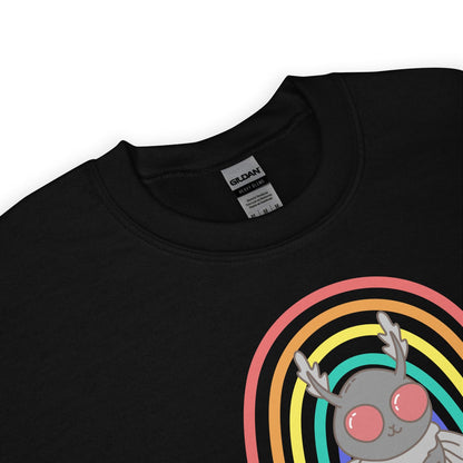 Black sweatshirt with mothman character and lgbtq rainbow design on a white background
