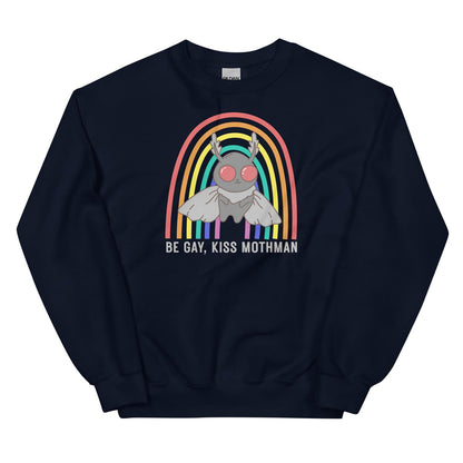 Navy sweatshirt with a graphic design of Mothman under a rainbow and text 'Be Gay, Kiss Mothman' on a white background.