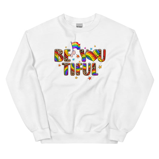 White lgbtq sweatshirt with rainbow 'BE YOU TIFUL' text design on a white background