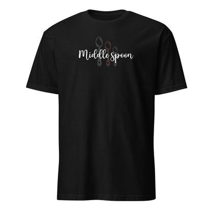 Black t-shirt with 'Middle Spoon' polyamory ENM text and spoon graphics on a white background