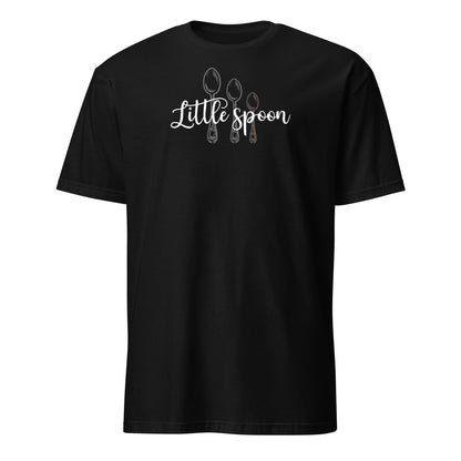 Black t-shirt with 'Little spoon' ENM polyamory text and spoon graphics on a white background