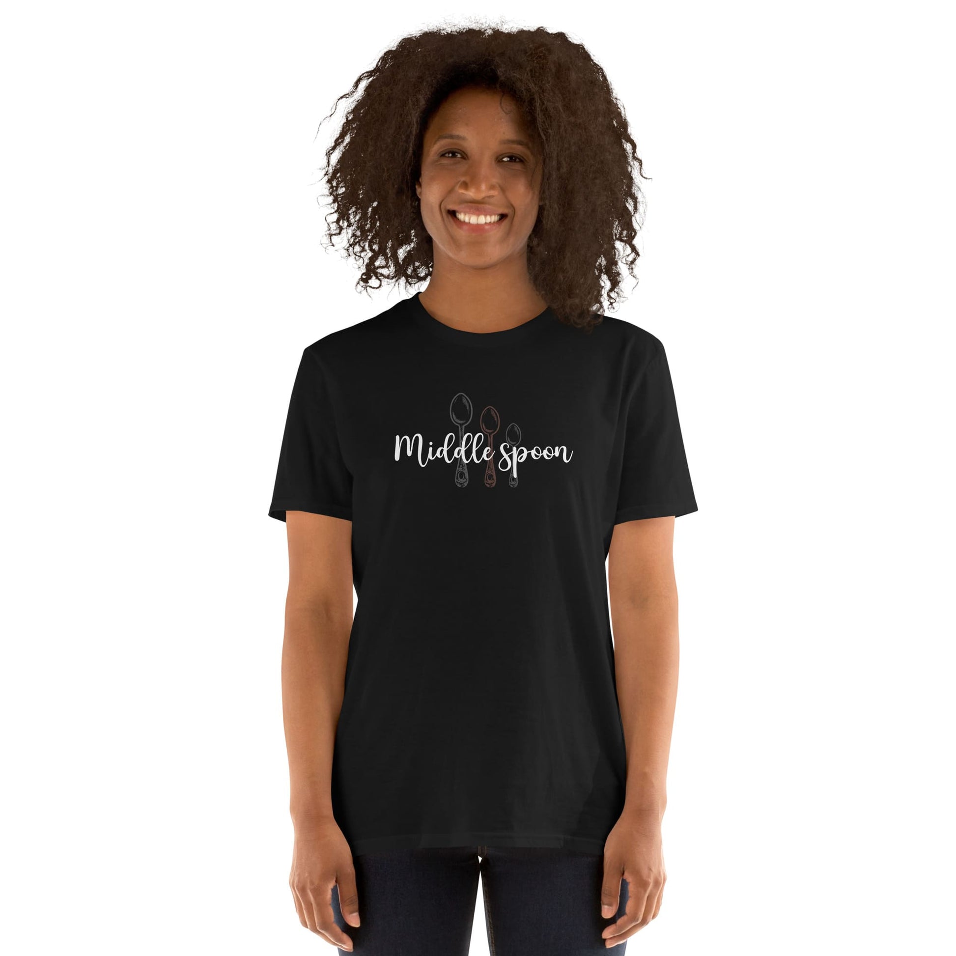 Person wearing a black ENM polyamory  t-shirt with 'Middle spoon' design on a white background
