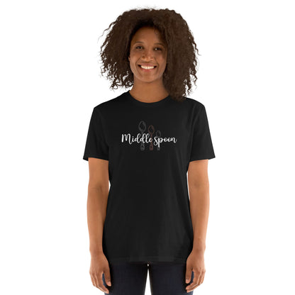Person wearing a black ENM polyamory  t-shirt with 'Middle spoon' design on a white background