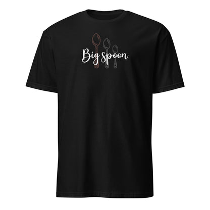 Black ENM polyamory t-shirt with 'Big spoon' text and spoon graphics on a white background