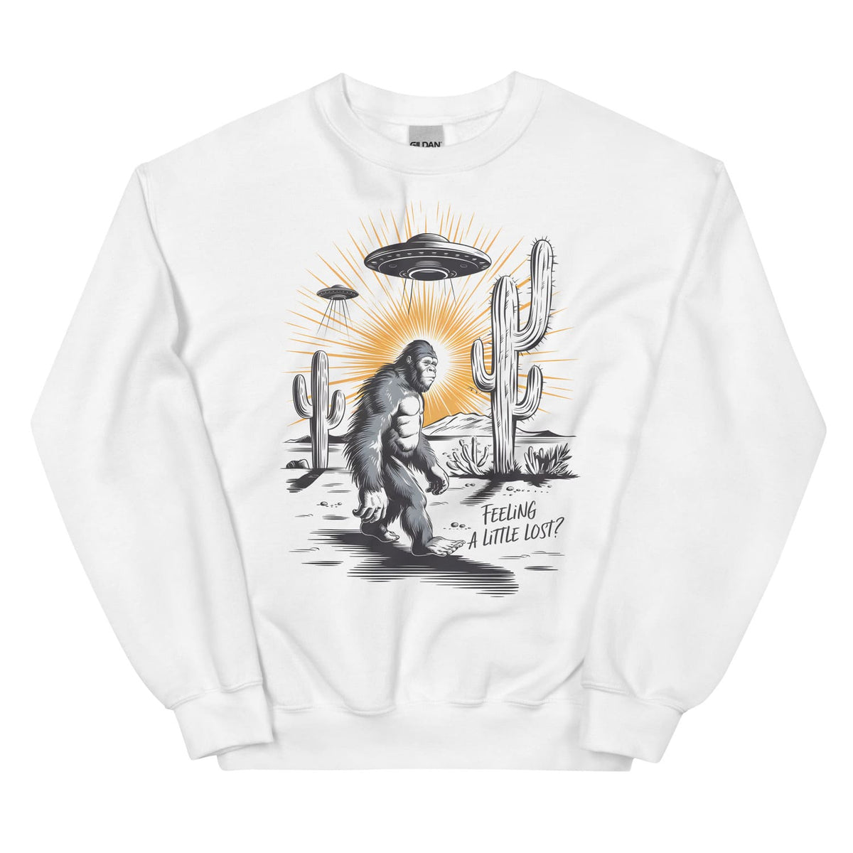 White mental health awareness sweatshirt with a graphic of a Sasquatch, UFO, and cactus on a white background