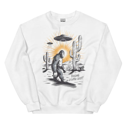 White mental health awareness sweatshirt with a graphic of a Sasquatch, UFO, and cactus on a white background