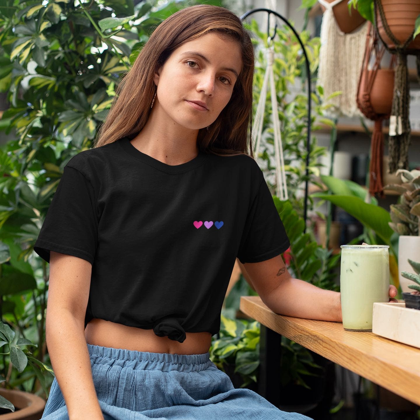 bisexual shirt, subtle bi pride pocket design tee, in use