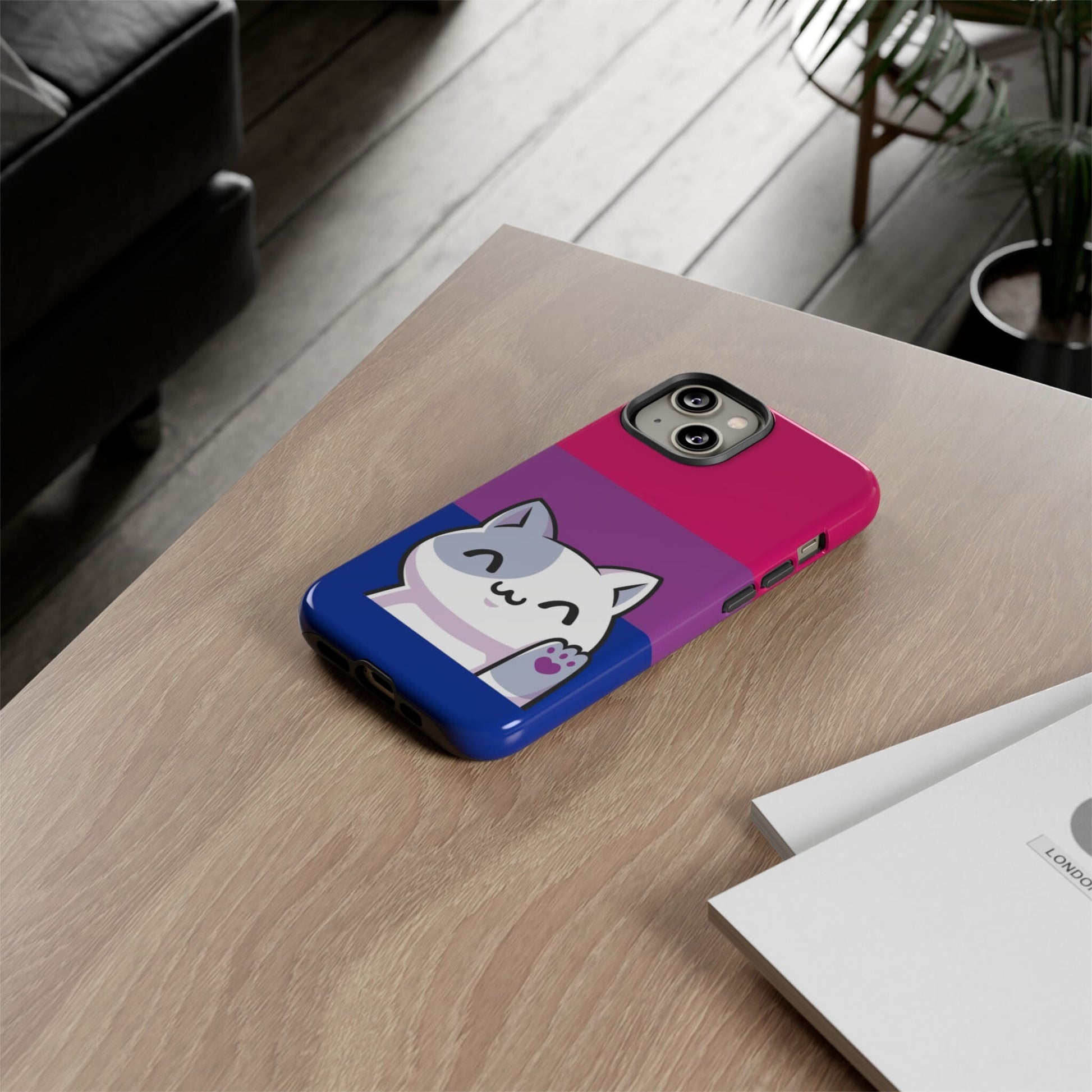 bisexual phone case kawaii cat, on table